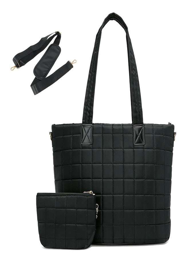 VNIMTI Tote Bag for Women, Lightweight Puffer Tote Bag with Zipper, Large Quilted Shoulder Bag for Work, Travel, Gym, Black - Image 1