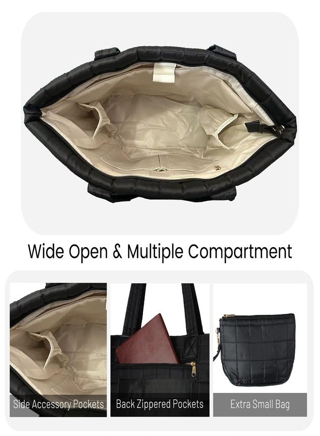 VNIMTI Tote Bag for Women, Lightweight Puffer Tote Bag with Zipper, Large Quilted Shoulder Bag for Work, Travel, Gym, Black - Image 3