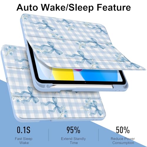 TWOLSKOO for iPad 11th & 10th Gen Case with Pencil Holder, Trifold Stand, Auto Sleep/Wake, Clear Acrylic Back with TPU Bumper, for iPad 11-inch (2025, A16 Chip) & 10.9-inch (2022), Blue Gingham Bows - Image 3