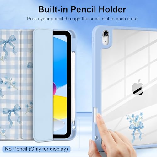 TWOLSKOO for iPad 11th & 10th Gen Case with Pencil Holder, Trifold Stand, Auto Sleep/Wake, Clear Acrylic Back with TPU Bumper, for iPad 11-inch (2025, A16 Chip) & 10.9-inch (2022), Blue Gingham Bows - Image 5