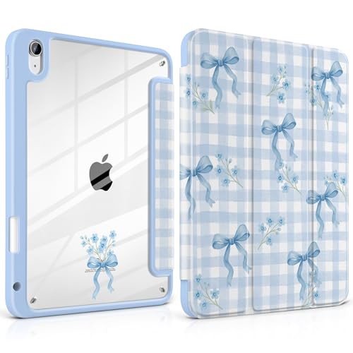 TWOLSKOO for iPad 11th & 10th Gen Case with Pencil Holder, Trifold Stand, Auto Sleep/Wake, Clear Acrylic Back with TPU Bumper, for iPad 11-inch (2025, A16 Chip) & 10.9-inch (2022), Blue Gingham Bows - Image 1