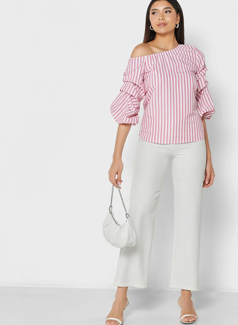 ELLA One Shoulder Ruffle Detail Puff Sleeve Top