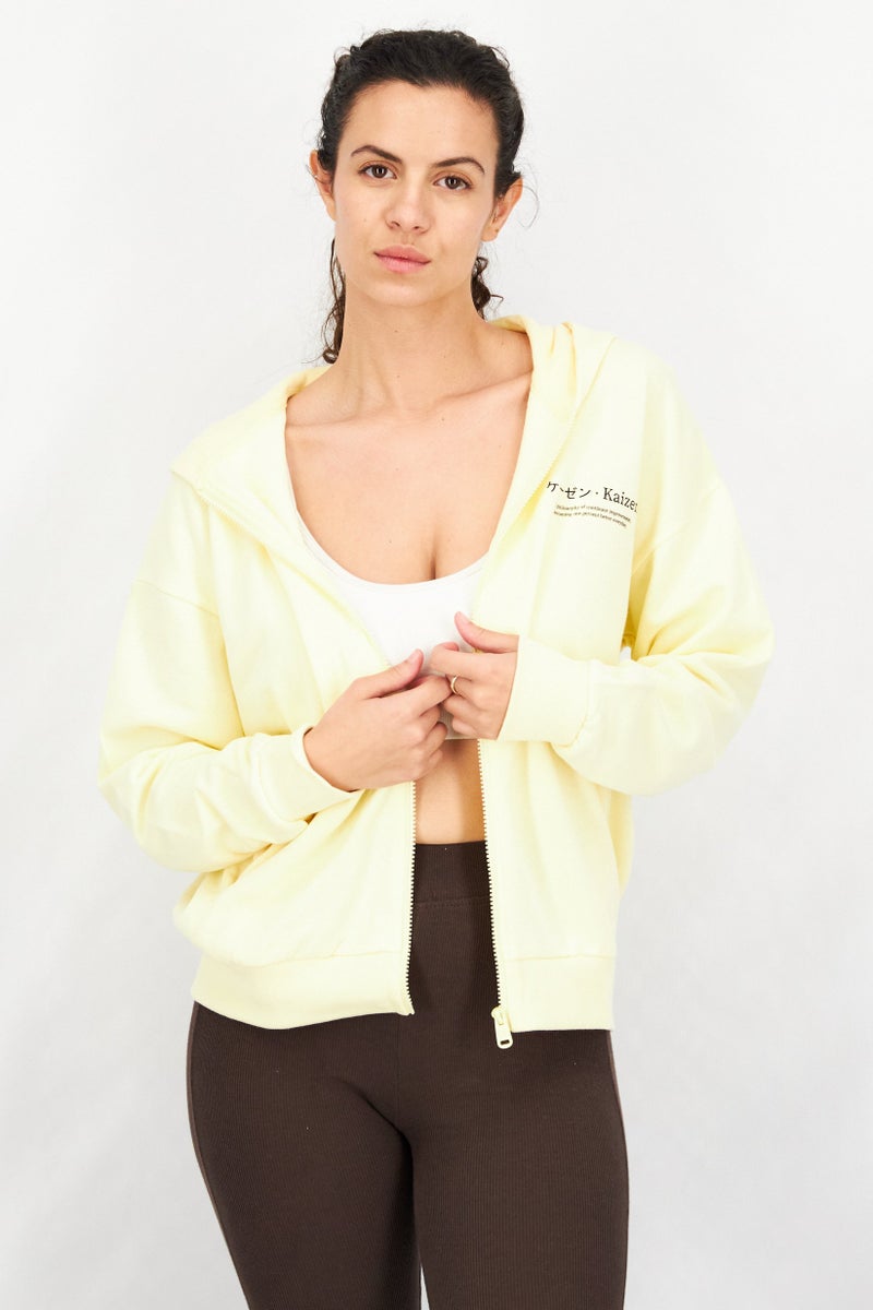 Ocean Pacific Women Hooded Neck Graphic Full Zip Sweatshirt, Pastel Yellow - Image 1