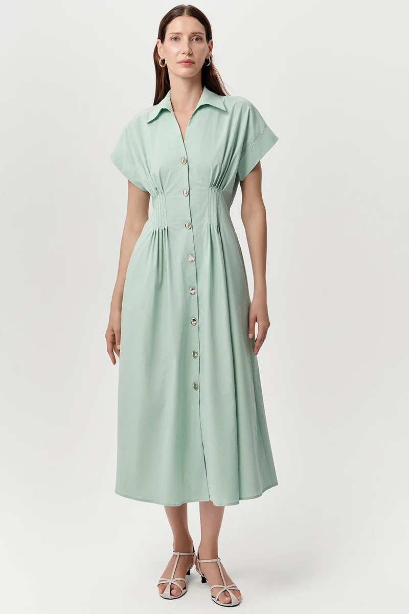 EXQUISE Shirt Collar, Fitted Waist, Elasticated, Pocketed, Regular Midi Mint Dress