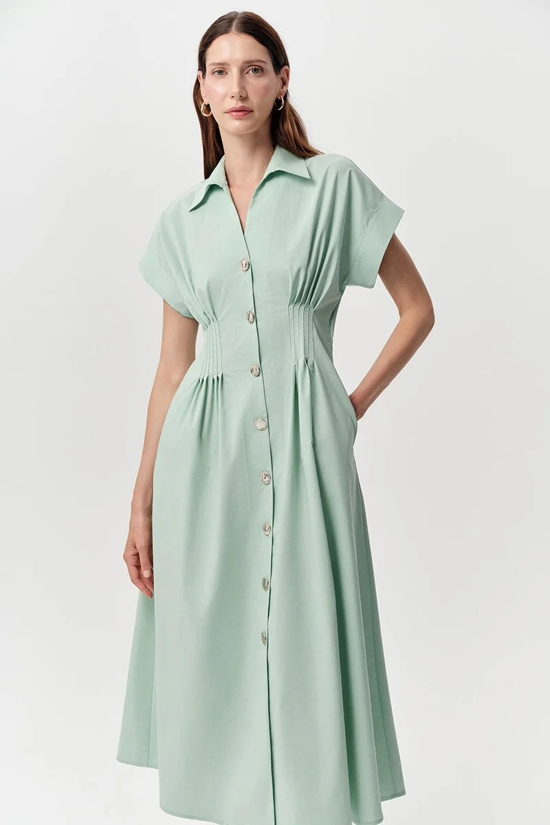 EXQUISE Shirt Collar, Fitted Waist, Elasticated, Pocketed, Regular Midi Mint Dress