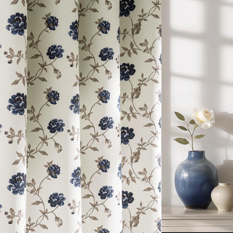 Beauoop Blue Floral 100% Blackout Curtains 72 Inches Long 2 Panels for Bedroom Living Room Vintage Rose Flower Patterned Room Darkening Thermal Soundproof Grommet Window Treatments Drapes, 52X72 - Image 1
