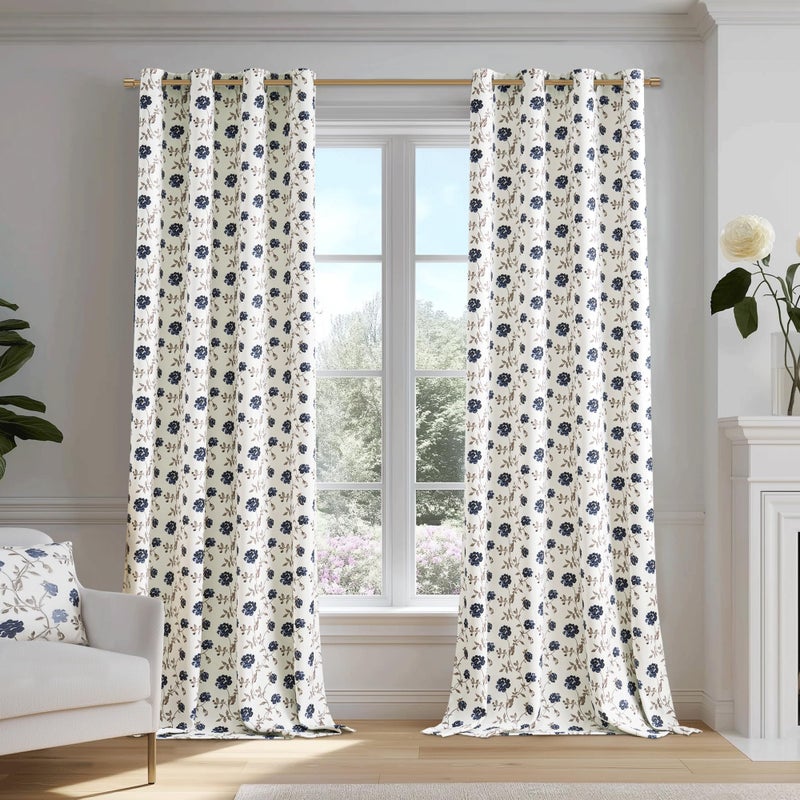 Beauoop Blue Floral 100% Blackout Curtains 72 Inches Long 2 Panels for Bedroom Living Room Vintage Rose Flower Patterned Room Darkening Thermal Soundproof Grommet Window Treatments Drapes, 52X72 - Image 4