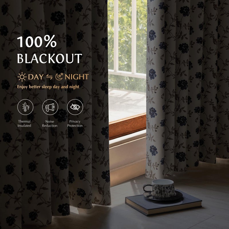 Beauoop Blue Floral 100% Blackout Curtains 72 Inches Long 2 Panels for Bedroom Living Room Vintage Rose Flower Patterned Room Darkening Thermal Soundproof Grommet Window Treatments Drapes, 52X72 - Image 2