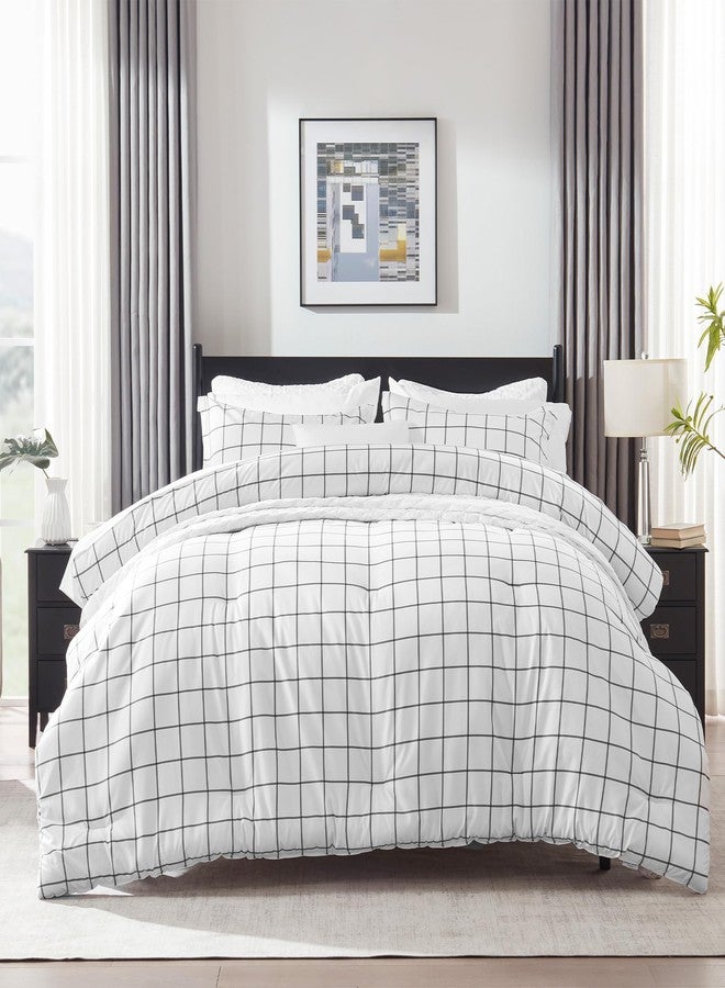 SLEEP ZONE طقم لحاف نوم من SLEEP ZONE، مقاس توين إكس إل، 5 قطع، بنمط مربعات هندسية مطبوعة، مصنوع من ألياف دقيقة ناعمة، قابل للتهوية وناعم، طقم سرير متكامل (رمادي شبكي أبيض، توين إكس إل) - Image 1