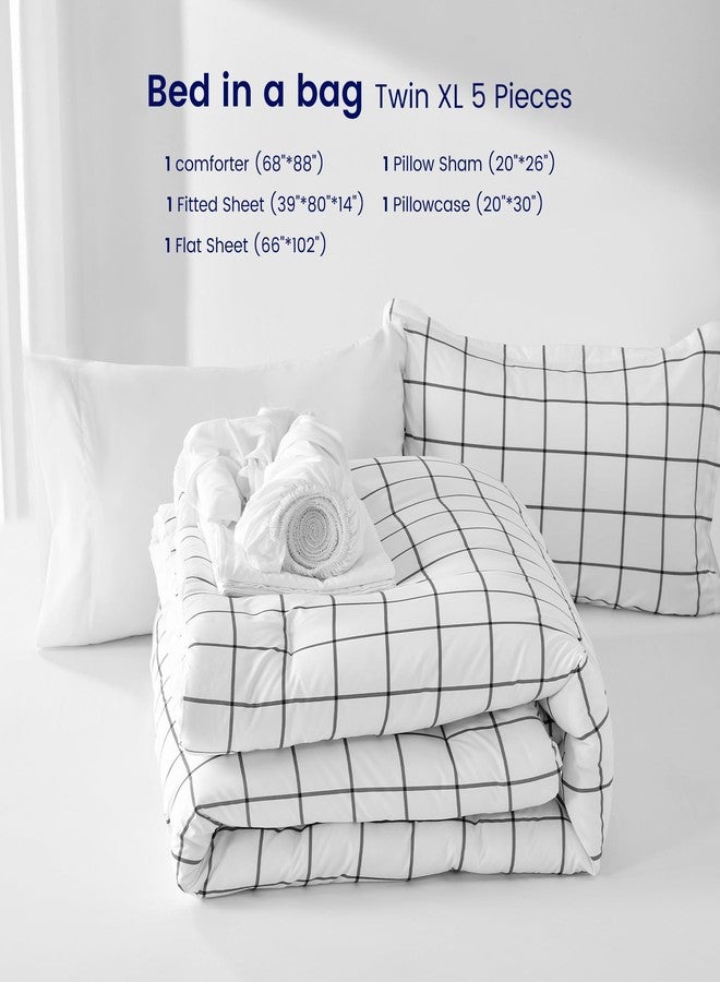 SLEEP ZONE طقم لحاف نوم من SLEEP ZONE، مقاس توين إكس إل، 5 قطع، بنمط مربعات هندسية مطبوعة، مصنوع من ألياف دقيقة ناعمة، قابل للتهوية وناعم، طقم سرير متكامل (رمادي شبكي أبيض، توين إكس إل) - Image 5