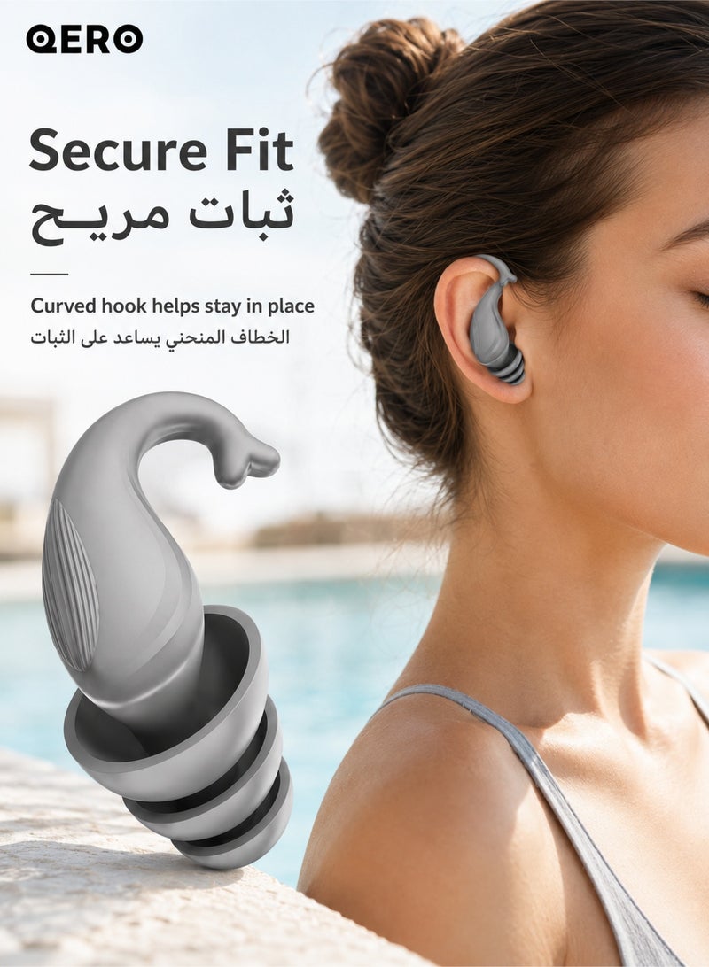QERO Swimming Ear Plugs, Reusable Silicone Earplugs with 3-Layer Tip, Curved Secure Fit and Transparent Storage Case, Gray, 1 Pair - Image 3