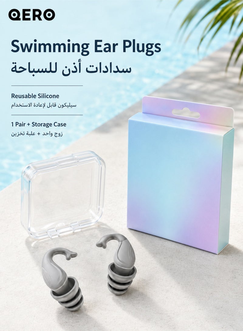 QERO Swimming Ear Plugs, Reusable Silicone Earplugs with 3-Layer Tip, Curved Secure Fit and Transparent Storage Case, Gray, 1 Pair - Image 1