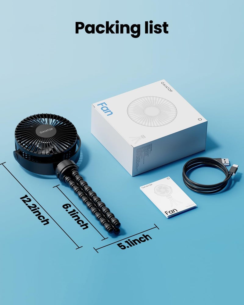 Gaiatop Mini Portable Stroller Fan Battery Operated Small Clip on Detachable 3 Speed Rechargeable 360 Rotate Flexible Tripod Better Cooling for Car Seat Crib Treadmill Travel Black - Image 2