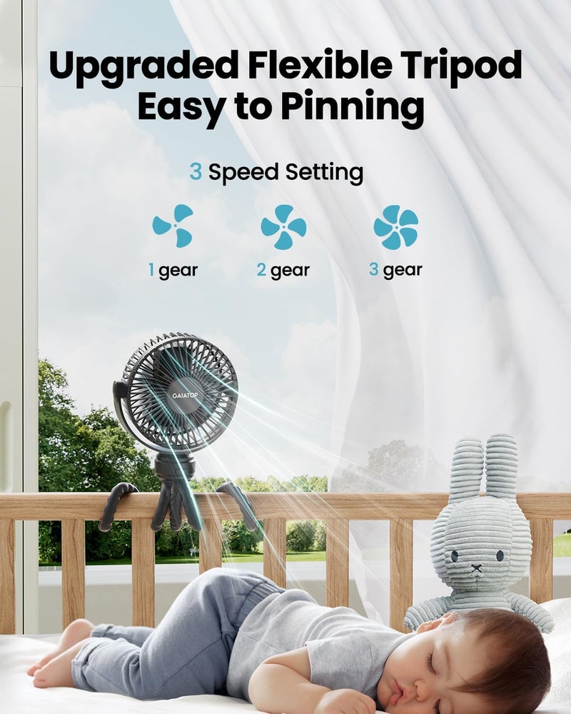 Gaiatop Mini Portable Stroller Fan Battery Operated Small Clip on Detachable 3 Speed Rechargeable 360 Rotate Flexible Tripod Better Cooling for Car Seat Crib Treadmill Travel Black - Image 4