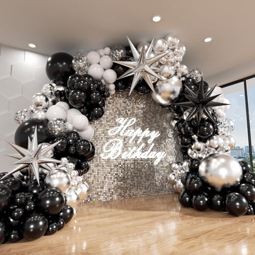 ADOINBY Black and Silver White Balloon Arch Kit, 140Pcs Explosion Star Black and Silver White Balloon 22 18 12 10 5 Inch Different Size Balloons for Birthday Anniversary New Years Party Decorations - Image 1