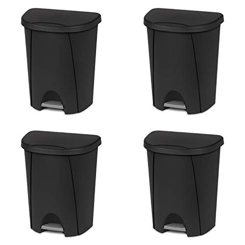 Sterilite Sterilite 66 Gallon StepOn Wastebasket with Lid Medium Sized Plastic Trash Can for the Kitchen Bathroom or Mudroom Pedal Black 4Pack