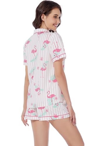 LUBOT 100% Cotton Women's Pajamas Set PJ Set Button-Down Short Sleeve 2 Piece Set Printed Patterned Summer Night Suit Sleepwear Loungewear (Flamingo, M) - Image 5