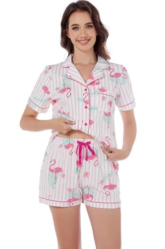LUBOT 100% Cotton Women's Pajamas Set PJ Set Button-Down Short Sleeve 2 Piece Set Printed Patterned Summer Night Suit Sleepwear Loungewear (Flamingo, M) - Image 3