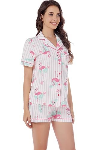 LUBOT 100% Cotton Women's Pajamas Set PJ Set Button-Down Short Sleeve 2 Piece Set Printed Patterned Summer Night Suit Sleepwear Loungewear (Flamingo, M) - Image 4