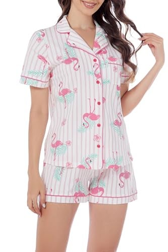 LUBOT 100% Cotton Women's Pajamas Set PJ Set Button-Down Short Sleeve 2 Piece Set Printed Patterned Summer Night Suit Sleepwear Loungewear (Flamingo, M) - Image 1