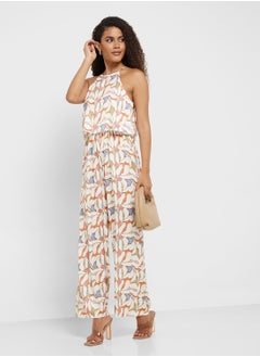 Leaf Print Overlay Jumpsuit