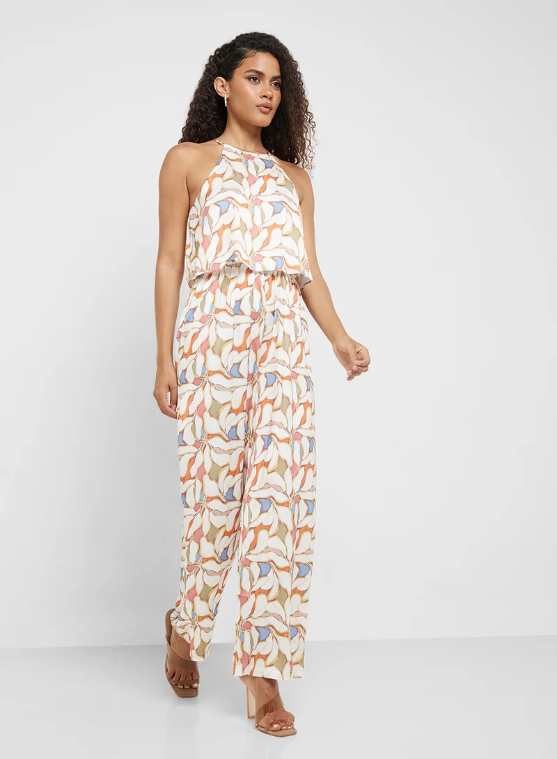 Little Mistress Leaf Print, Halter neck, Overlay Jumpsuit