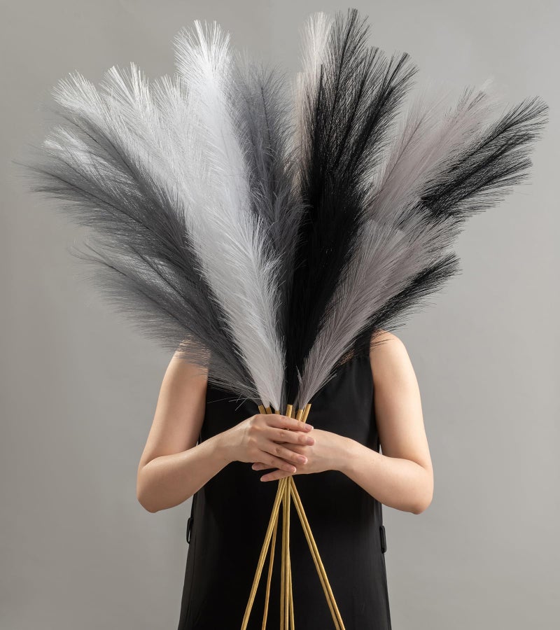 SeptCat 8 Pcs 45" Pampas Grass Tall Faux Dried Decor, Fluffy Fake Long Pompas Artificial Black White Grey Gray Pompous Stems Bouquet Flower Arrangement Vase Filler for Boho Home Wedding Decoration - Image 1