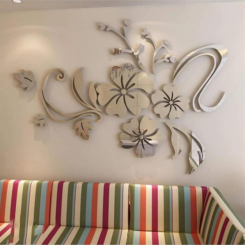 3D Wall Decor, Hibiscus Shaped Mirror Mural Silver Acrylic Wall Sticker Floral Mirror 3D Flower Art Decor Decal for Living Room - Image 5