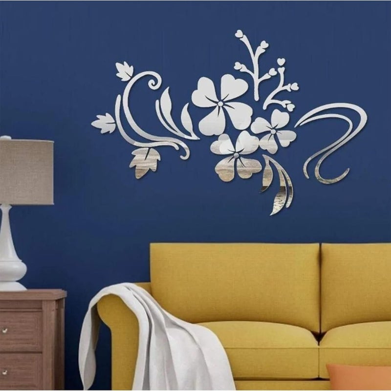 3D Wall Decor, Hibiscus Shaped Mirror Mural Silver Acrylic Wall Sticker Floral Mirror 3D Flower Art Decor Decal for Living Room - Image 4