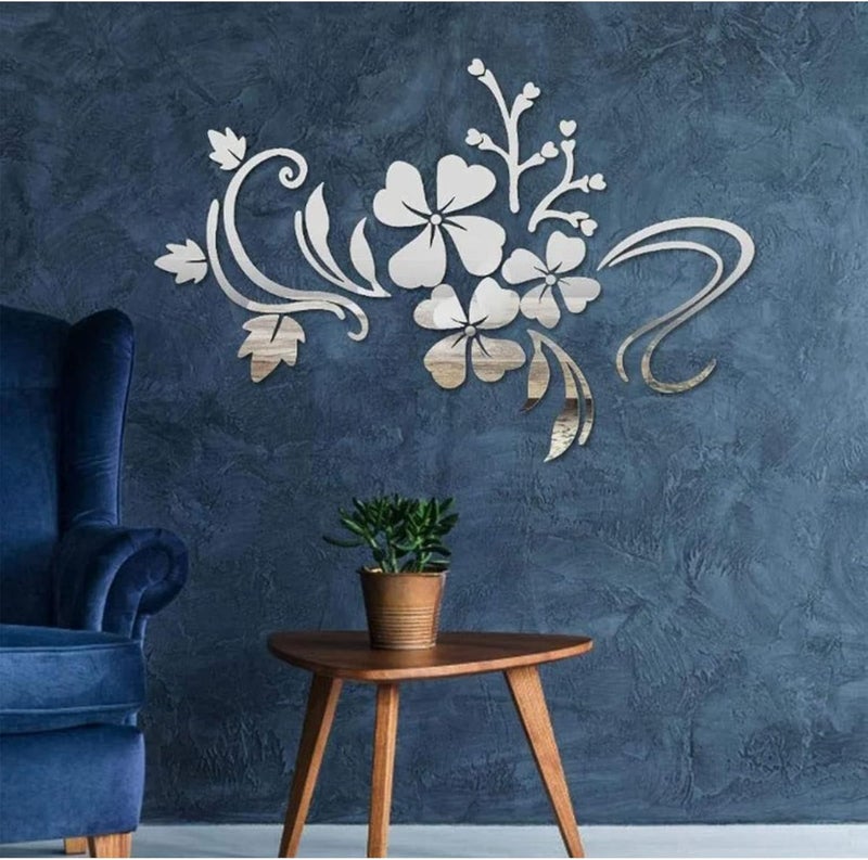 3D Wall Decor, Hibiscus Shaped Mirror Mural Silver Acrylic Wall Sticker Floral Mirror 3D Flower Art Decor Decal for Living Room - Image 2