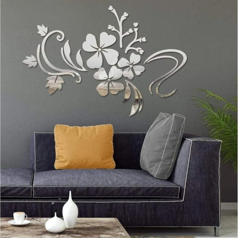 3D Wall Decor, Hibiscus Shaped Mirror Mural Silver Acrylic Wall Sticker Floral Mirror 3D Flower Art Decor Decal for Living Room - Image 3