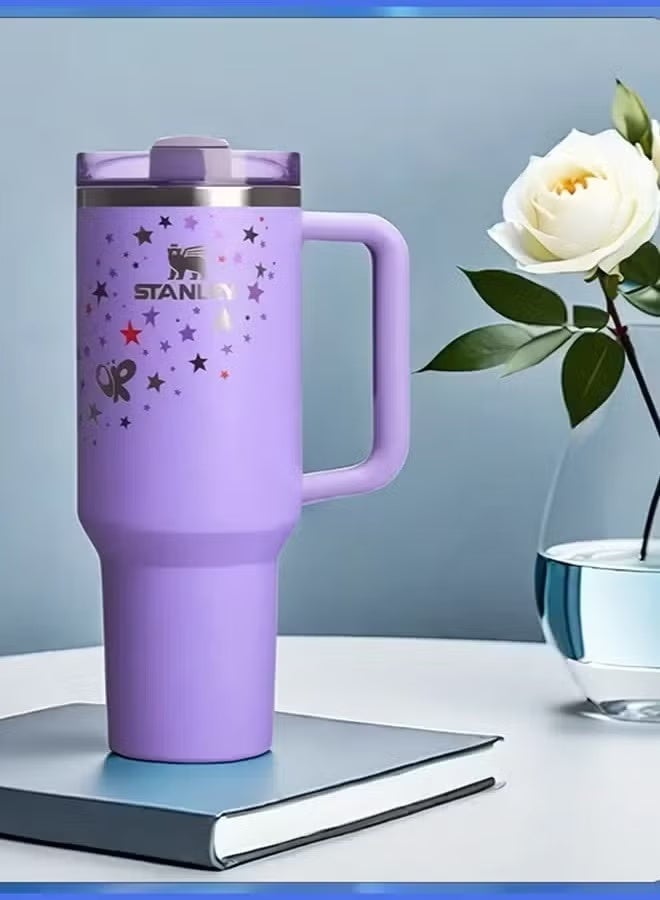 Stanley Stainless Steel Vacuum Insulated Tumbler with Lid and Straw for Water, Iced Tea or Coffee, Smoothie and More, 40Ounce Stainless Steel,Purple With Star - Image 1