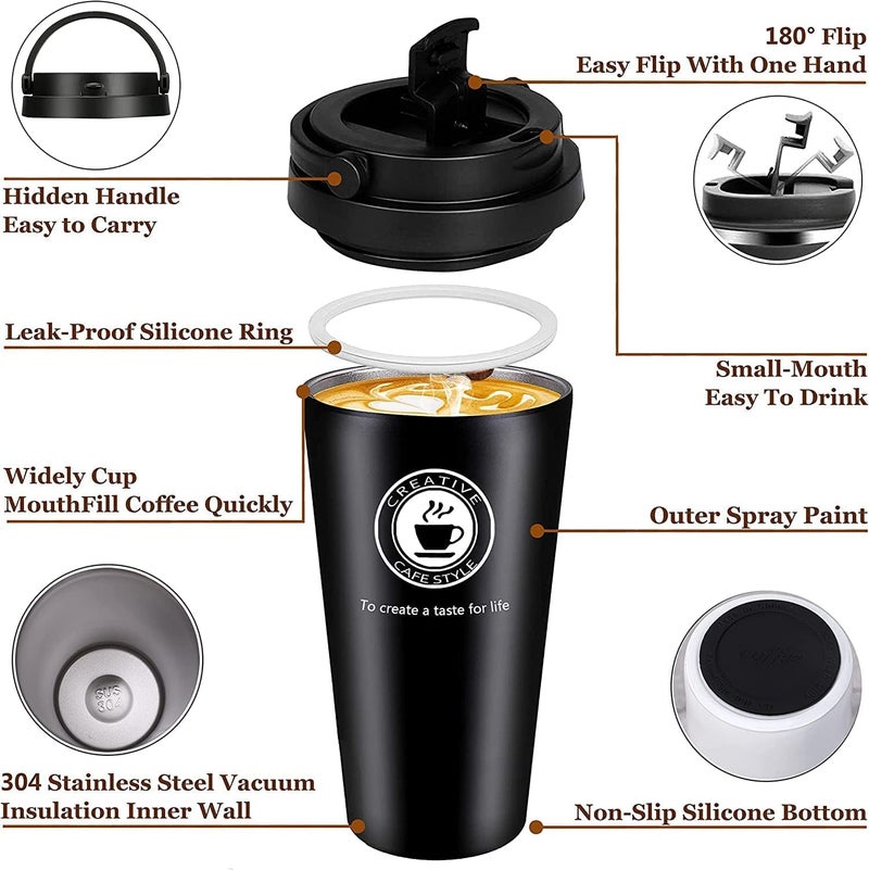 SILENCIO Coffee Mug Stainless Steel Tumbler with SpillProof Flip Lid 16 oz Stainless Steel Double Wall Vacuum Insulated Travel Coffee Mug with Handle Portable Thermal Cup with Leak Proof Lid - Image 2