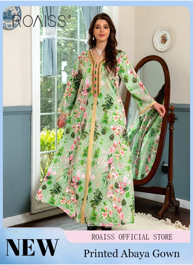 Women V Neck Long Sleeved  Mid-Rise Midi Dress Floral Pattern Embroidery Front Arabian Robe for Ladies Ramadan Eid al-Adha