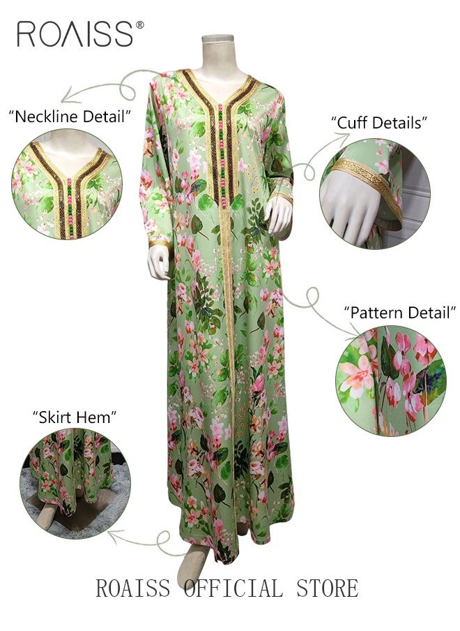 Women V Neck Long Sleeved  Mid-Rise Midi Dress Floral Pattern Embroidery Front Arabian Robe for Ladies Ramadan Eid al-Adha