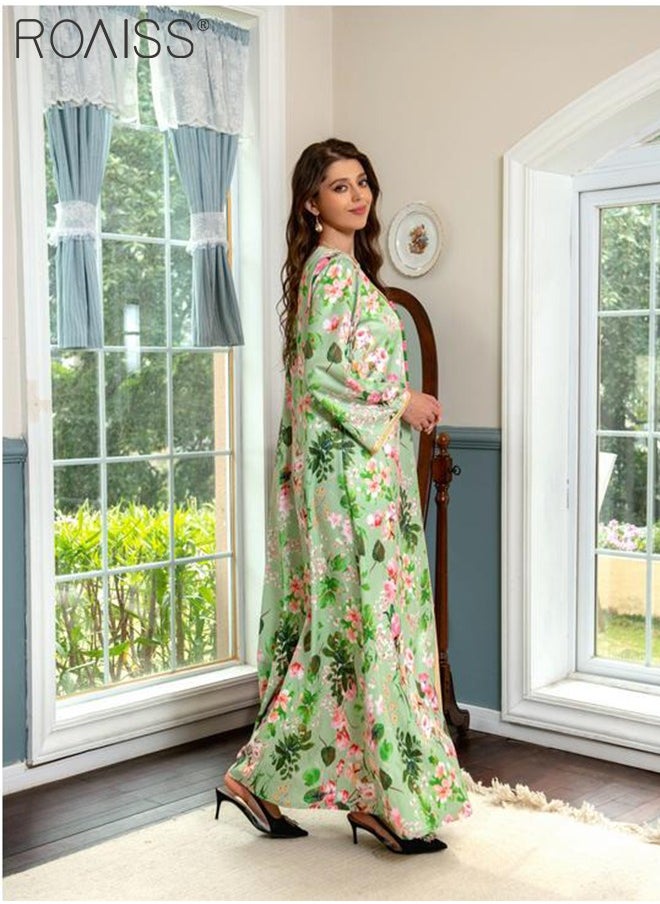 Women V Neck Long Sleeved  Mid-Rise Midi Dress Floral Pattern Embroidery Front Arabian Robe for Ladies Ramadan Eid al-Adha
