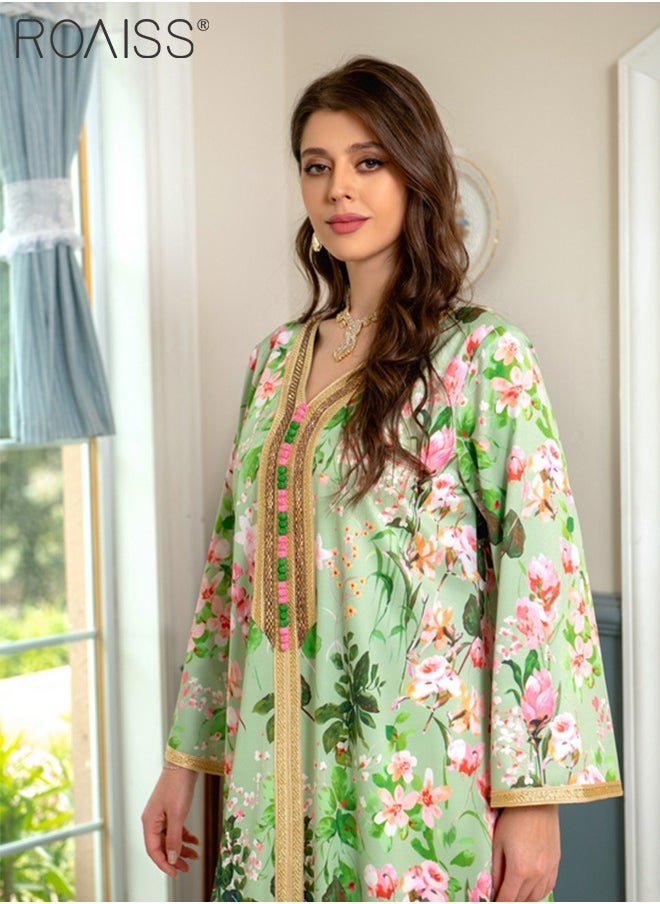 Women V Neck Long Sleeved  Mid-Rise Midi Dress Floral Pattern Embroidery Front Arabian Robe for Ladies Ramadan Eid al-Adha