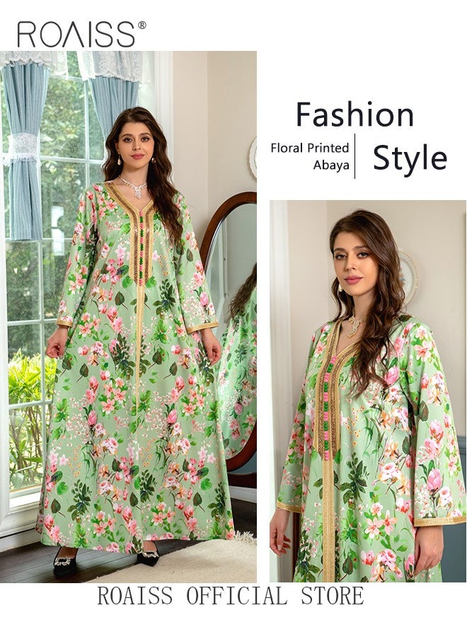 Women V Neck Long Sleeved  Mid-Rise Midi Dress Floral Pattern Embroidery Front Arabian Robe for Ladies Ramadan Eid al-Adha