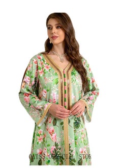 roaiss Women V Neck Long Sleeved  Mid-Rise Midi Dress Floral Pattern Embroidery Front Arabian Robe for Ladies Ramadan Eid al-Adha  - Image 1