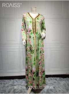 roaiss Women V Neck Long Sleeved  Mid-Rise Midi Dress Floral Pattern Embroidery Front Arabian Robe for Ladies Ramadan Eid al-Adha  - Image 5