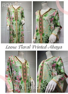 roaiss Women V Neck Long Sleeved  Mid-Rise Midi Dress Floral Pattern Embroidery Front Arabian Robe for Ladies Ramadan Eid al-Adha  - Image 4