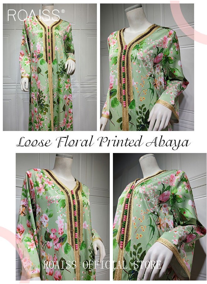 Women V Neck Long Sleeved  Mid-Rise Midi Dress Floral Pattern Embroidery Front Arabian Robe for Ladies Ramadan Eid al-Adha