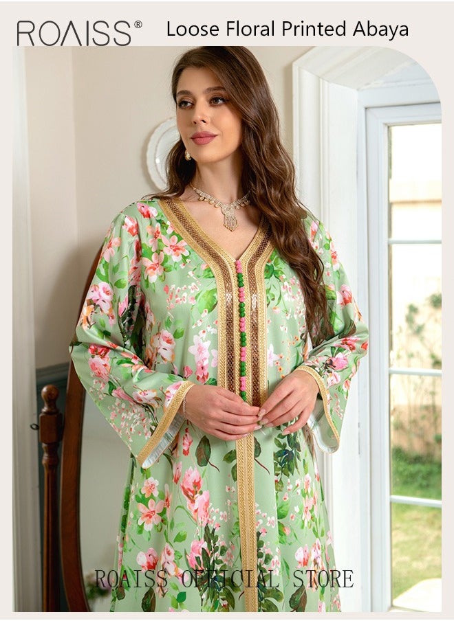 Women V Neck Long Sleeved  Mid-Rise Midi Dress Floral Pattern Embroidery Front Arabian Robe for Ladies Ramadan Eid al-Adha