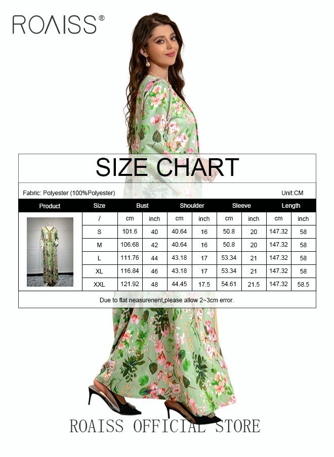 Women V Neck Long Sleeved  Mid-Rise Midi Dress Floral Pattern Embroidery Front Arabian Robe for Ladies Ramadan Eid al-Adha