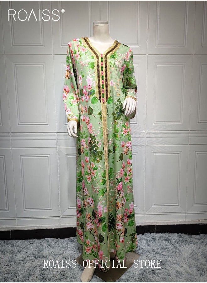 Women V Neck Long Sleeved  Mid-Rise Midi Dress Floral Pattern Embroidery Front Arabian Robe for Ladies Ramadan Eid al-Adha