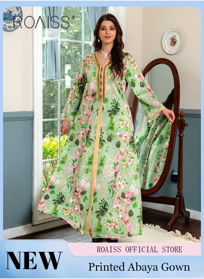 Women V Neck Long Sleeved Dress Floral Pattern Embroidery Front Arabian Robe - pzsku/Z8B03768EB96584FB29F2Z/45/_/1723012381/9728d800-7636-4048-9ca0-341ee77183cc