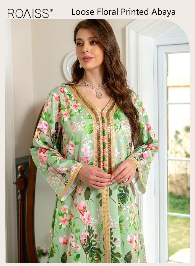 roaiss Women's Floral V-Neck Maxi Dress Elegant Embroidery Front Long Sleeve Abaya with Loose Fit and Breathable Fabric for Ramadan, Eid al-Adha, and Special Occasions Comfortable Everyday Wear - Image 3