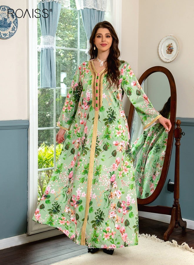 roaiss Women's Floral V-Neck Maxi Dress Elegant Embroidery Front Long Sleeve Abaya with Loose Fit and Breathable Fabric for Ramadan, Eid al-Adha, and Special Occasions Comfortable Everyday Wear - Image 1