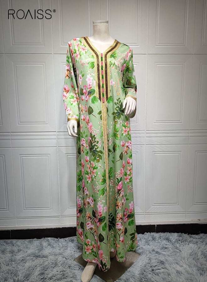 roaiss Women's Floral V-Neck Maxi Dress Elegant Embroidery Front Long Sleeve Abaya with Loose Fit and Breathable Fabric for Ramadan, Eid al-Adha, and Special Occasions Comfortable Everyday Wear - Image 5
