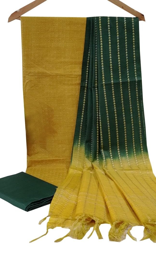 HAIDER ALI AND SONS Wearing Bhagalpuri Semi Silk Handwoven Unstitched Dress Materials, Free Size | (Green_mustord Yellow) - Image 3